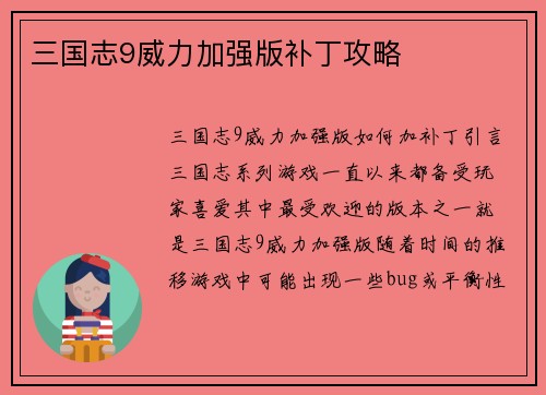 三国志9威力加强版补丁攻略
